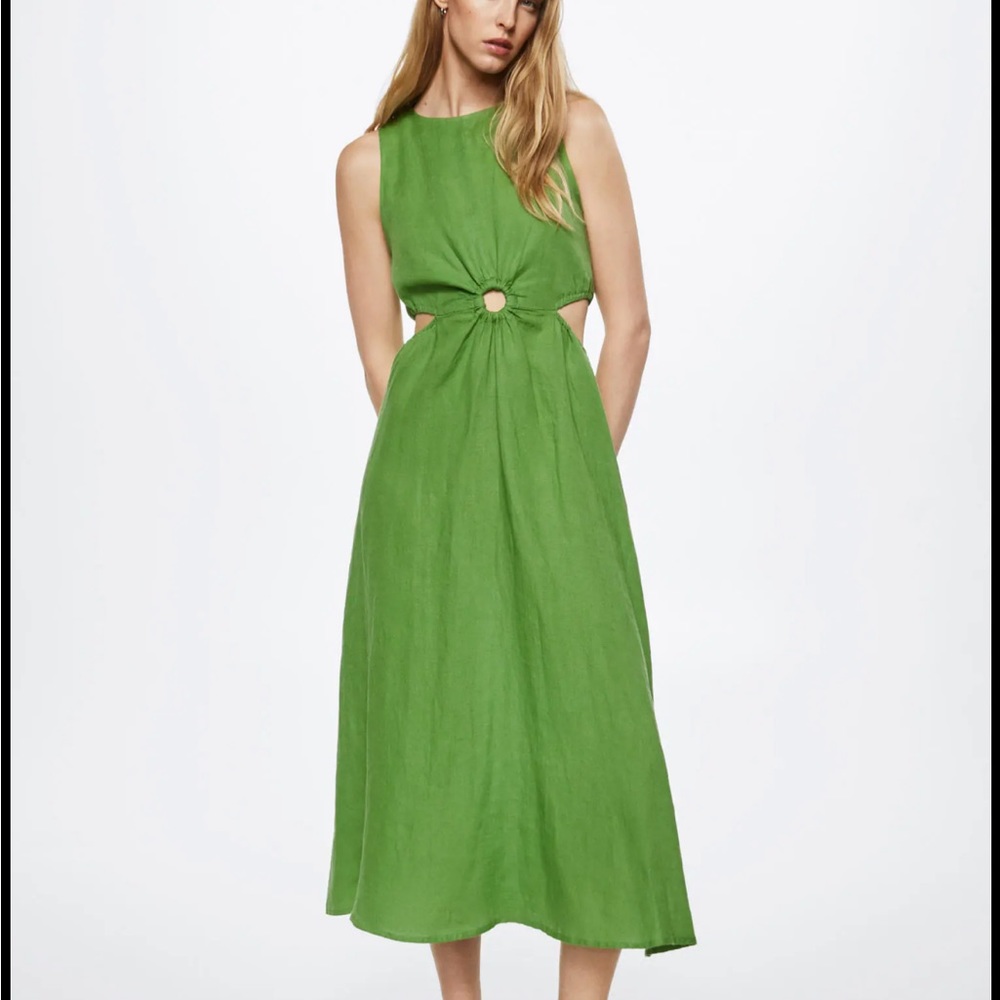 Mango Green Linen Cutout Dress